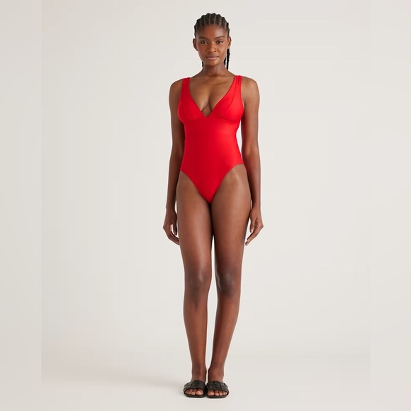Quince Italian Plunge One-Piece Swimsuit Cherry Red size Medium - Picture 1 of 10